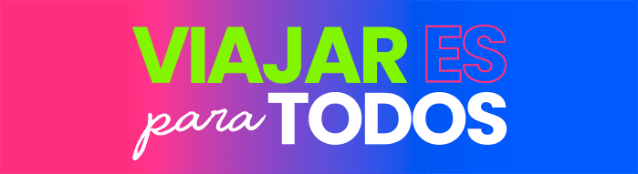 Slogan de Travelium en blanco y verde sobre degradado rosa y azul